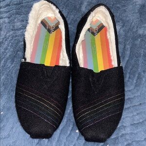 TOMS Black Slip-Ons with Colorful Lining